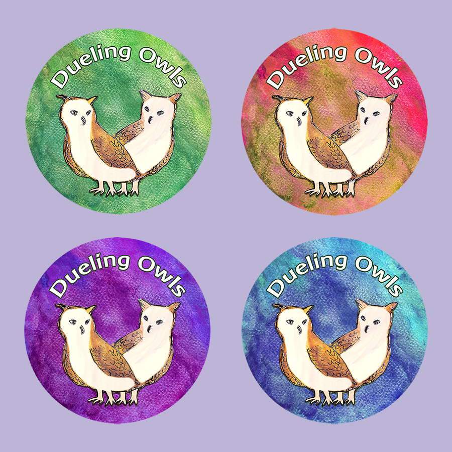 Image of four round stickers with the band's name Dueling Owls curved at the top sitting over a drawing of two small owls