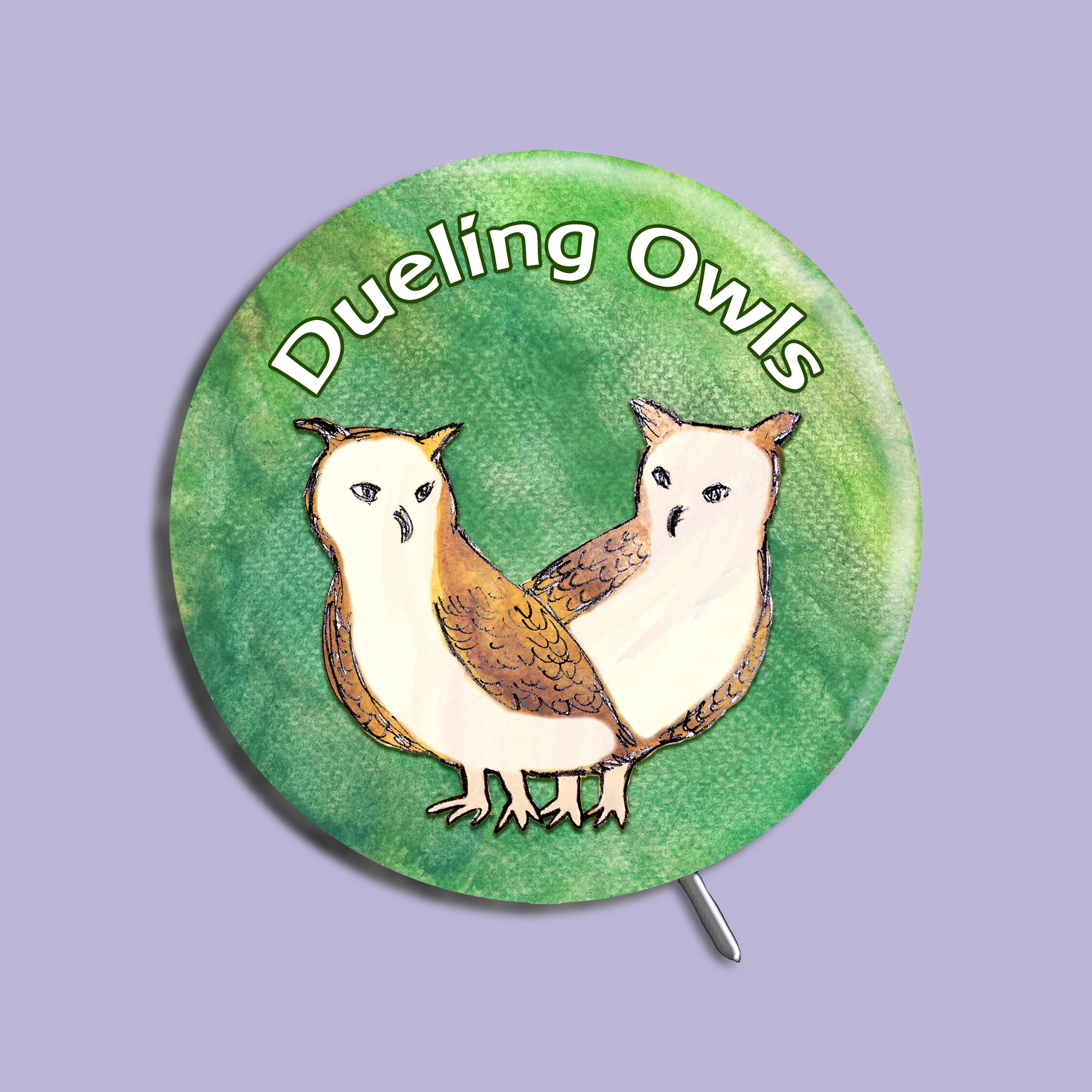 Image of a button with the band's name Dueling Owls curved over a drawing of two owls