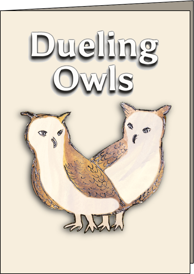 Image of a gift card with two owls and the band name Dueling Owls above them